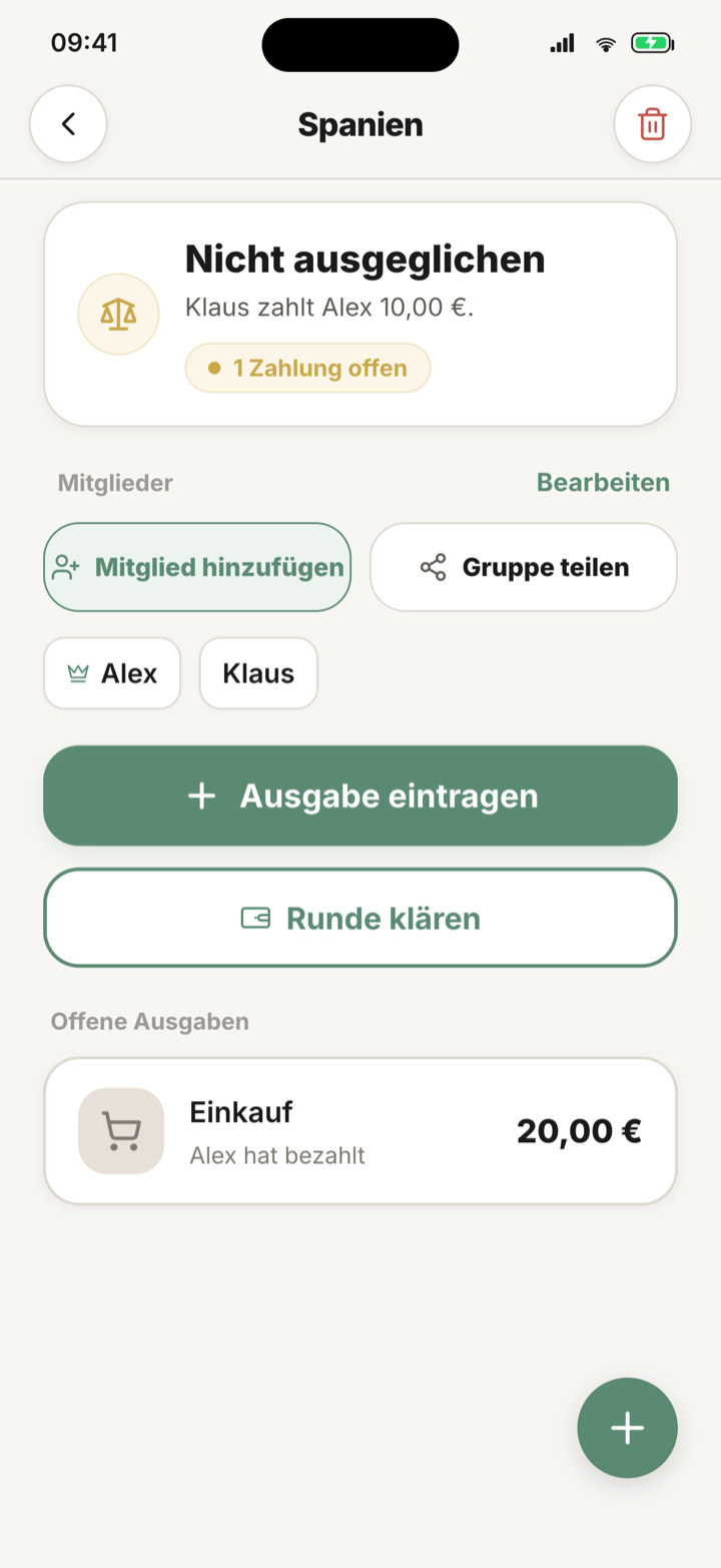 Tavena App Screen mit Gruppenstatus, Mitgliedern und offenen Ausgaben
